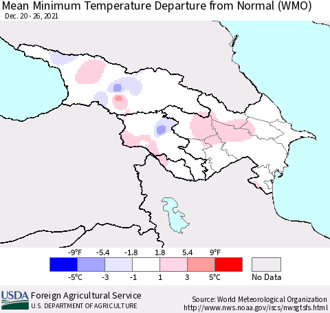 Azerbaijan, Armenia and Georgia Mean Minimum Temperature Departure from Normal (WMO) Thematic Map For 12/20/2021 - 12/26/2021