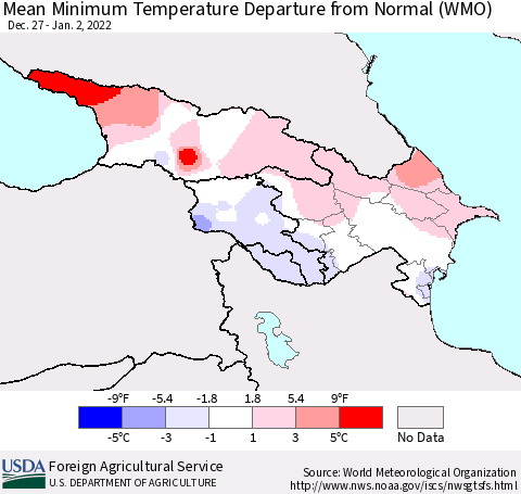 Azerbaijan, Armenia and Georgia Mean Minimum Temperature Departure from Normal (WMO) Thematic Map For 12/27/2021 - 1/2/2022
