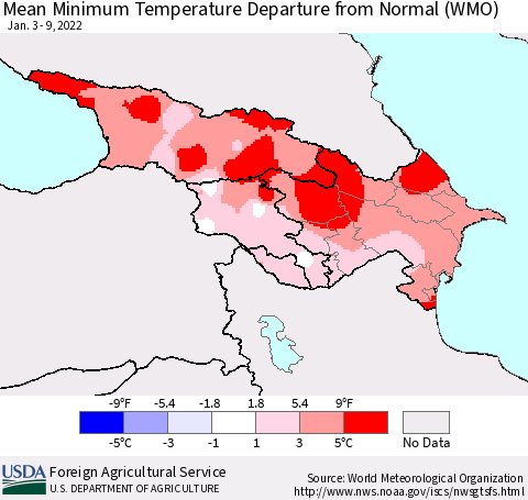 Azerbaijan, Armenia and Georgia Mean Minimum Temperature Departure from Normal (WMO) Thematic Map For 1/3/2022 - 1/9/2022