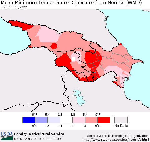 Azerbaijan, Armenia and Georgia Mean Minimum Temperature Departure from Normal (WMO) Thematic Map For 1/10/2022 - 1/16/2022