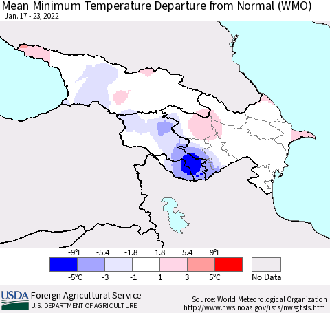 Azerbaijan, Armenia and Georgia Mean Minimum Temperature Departure from Normal (WMO) Thematic Map For 1/17/2022 - 1/23/2022