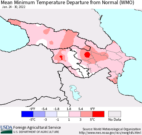 Azerbaijan, Armenia and Georgia Mean Minimum Temperature Departure from Normal (WMO) Thematic Map For 1/24/2022 - 1/30/2022