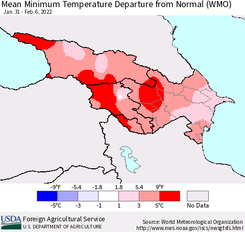 Azerbaijan, Armenia and Georgia Mean Minimum Temperature Departure from Normal (WMO) Thematic Map For 1/31/2022 - 2/6/2022