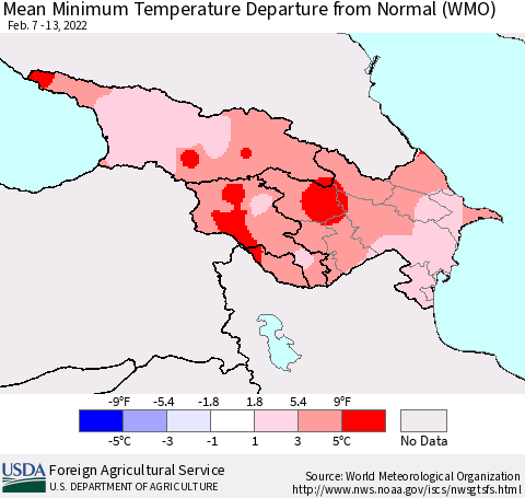Azerbaijan, Armenia and Georgia Mean Minimum Temperature Departure from Normal (WMO) Thematic Map For 2/7/2022 - 2/13/2022