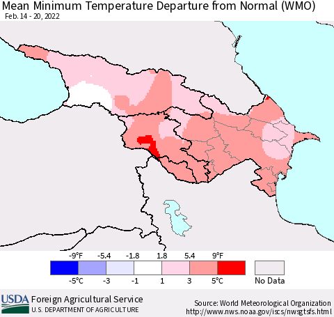 Azerbaijan, Armenia and Georgia Mean Minimum Temperature Departure from Normal (WMO) Thematic Map For 2/14/2022 - 2/20/2022