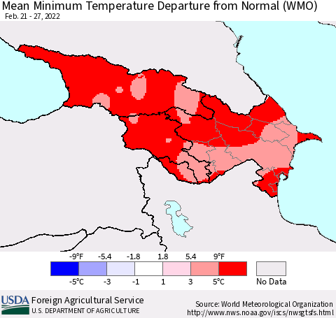Azerbaijan, Armenia and Georgia Mean Minimum Temperature Departure from Normal (WMO) Thematic Map For 2/21/2022 - 2/27/2022
