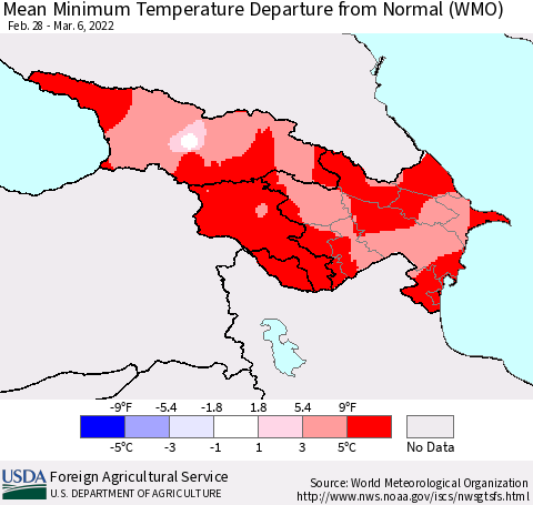 Azerbaijan, Armenia and Georgia Mean Minimum Temperature Departure from Normal (WMO) Thematic Map For 2/28/2022 - 3/6/2022