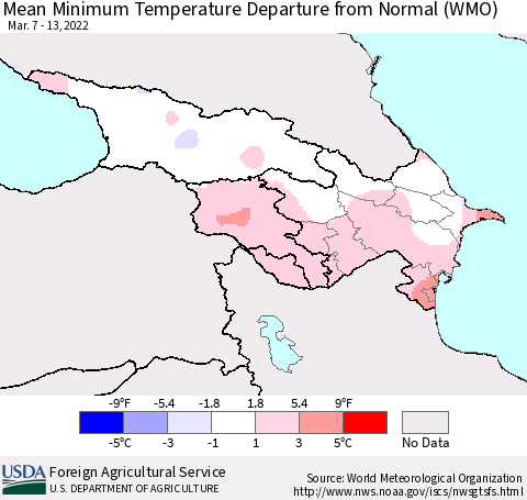 Azerbaijan, Armenia and Georgia Mean Minimum Temperature Departure from Normal (WMO) Thematic Map For 3/7/2022 - 3/13/2022