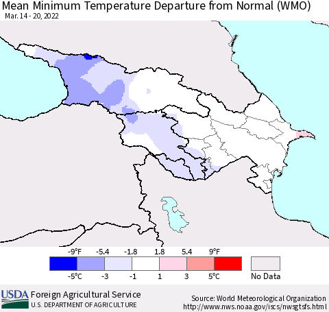 Azerbaijan, Armenia and Georgia Mean Minimum Temperature Departure from Normal (WMO) Thematic Map For 3/14/2022 - 3/20/2022