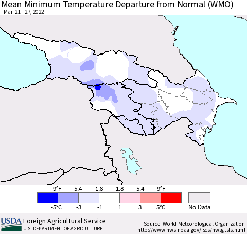 Azerbaijan, Armenia and Georgia Mean Minimum Temperature Departure from Normal (WMO) Thematic Map For 3/21/2022 - 3/27/2022