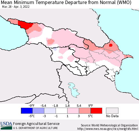 Azerbaijan, Armenia and Georgia Mean Minimum Temperature Departure from Normal (WMO) Thematic Map For 3/28/2022 - 4/3/2022