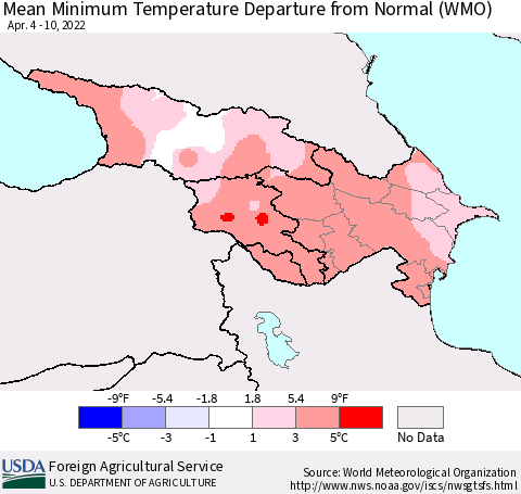 Azerbaijan, Armenia and Georgia Mean Minimum Temperature Departure from Normal (WMO) Thematic Map For 4/4/2022 - 4/10/2022