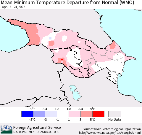 Azerbaijan, Armenia and Georgia Mean Minimum Temperature Departure from Normal (WMO) Thematic Map For 4/18/2022 - 4/24/2022