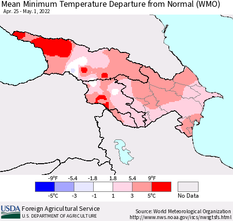 Azerbaijan, Armenia and Georgia Mean Minimum Temperature Departure from Normal (WMO) Thematic Map For 4/25/2022 - 5/1/2022