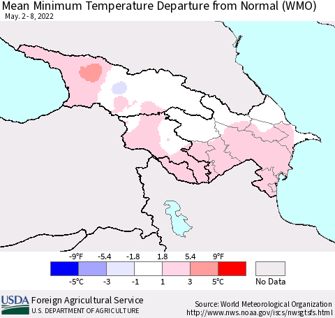 Azerbaijan, Armenia and Georgia Mean Minimum Temperature Departure from Normal (WMO) Thematic Map For 5/2/2022 - 5/8/2022