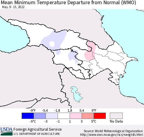 Azerbaijan, Armenia and Georgia Mean Minimum Temperature Departure from Normal (WMO) Thematic Map For 5/9/2022 - 5/15/2022