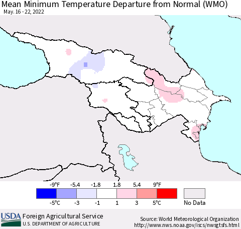 Azerbaijan, Armenia and Georgia Mean Minimum Temperature Departure from Normal (WMO) Thematic Map For 5/16/2022 - 5/22/2022