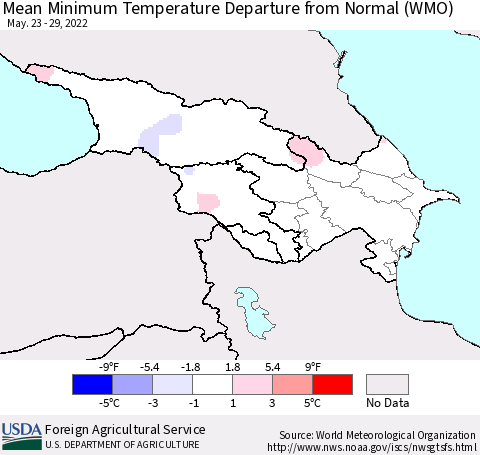 Azerbaijan, Armenia and Georgia Mean Minimum Temperature Departure from Normal (WMO) Thematic Map For 5/23/2022 - 5/29/2022