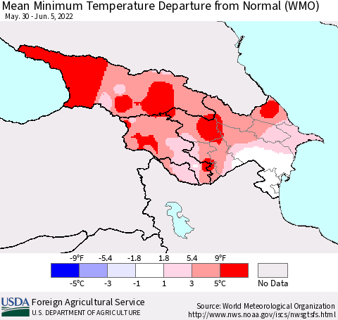 Azerbaijan, Armenia and Georgia Mean Minimum Temperature Departure from Normal (WMO) Thematic Map For 5/30/2022 - 6/5/2022