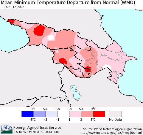 Azerbaijan, Armenia and Georgia Mean Minimum Temperature Departure from Normal (WMO) Thematic Map For 6/6/2022 - 6/12/2022