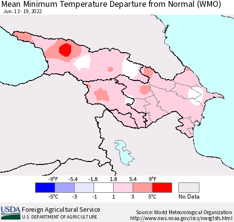 Azerbaijan, Armenia and Georgia Mean Minimum Temperature Departure from Normal (WMO) Thematic Map For 6/13/2022 - 6/19/2022