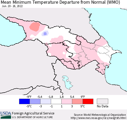 Azerbaijan, Armenia and Georgia Mean Minimum Temperature Departure from Normal (WMO) Thematic Map For 6/20/2022 - 6/26/2022