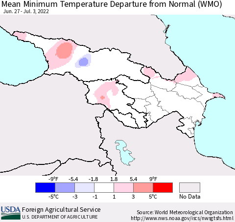 Azerbaijan, Armenia and Georgia Mean Minimum Temperature Departure from Normal (WMO) Thematic Map For 6/27/2022 - 7/3/2022