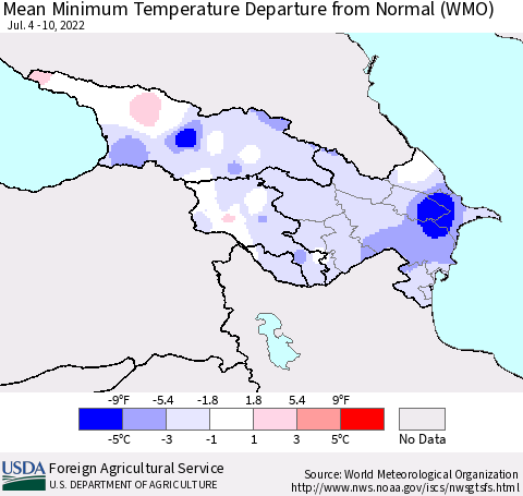 Azerbaijan, Armenia and Georgia Mean Minimum Temperature Departure from Normal (WMO) Thematic Map For 7/4/2022 - 7/10/2022