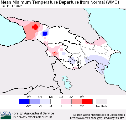 Azerbaijan, Armenia and Georgia Mean Minimum Temperature Departure from Normal (WMO) Thematic Map For 7/11/2022 - 7/17/2022