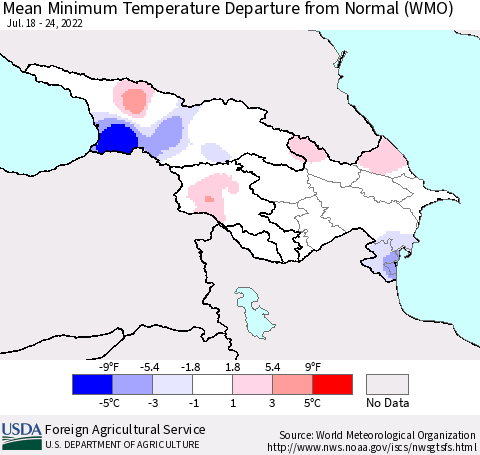 Azerbaijan, Armenia and Georgia Mean Minimum Temperature Departure from Normal (WMO) Thematic Map For 7/18/2022 - 7/24/2022