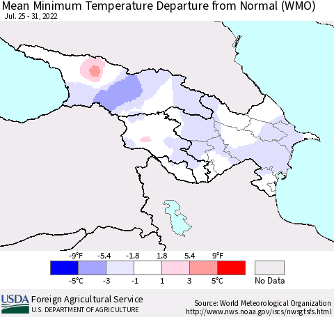 Azerbaijan, Armenia and Georgia Mean Minimum Temperature Departure from Normal (WMO) Thematic Map For 7/25/2022 - 7/31/2022
