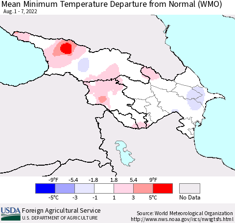Azerbaijan, Armenia and Georgia Mean Minimum Temperature Departure from Normal (WMO) Thematic Map For 8/1/2022 - 8/7/2022