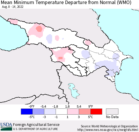 Azerbaijan, Armenia and Georgia Mean Minimum Temperature Departure from Normal (WMO) Thematic Map For 8/8/2022 - 8/14/2022