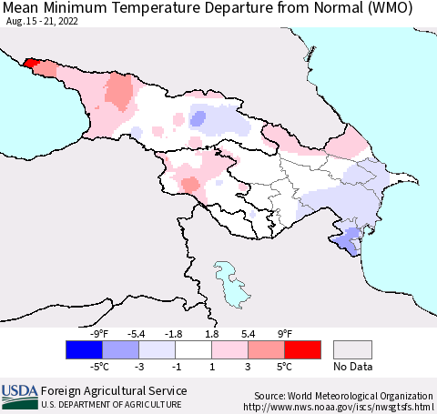 Azerbaijan, Armenia and Georgia Mean Minimum Temperature Departure from Normal (WMO) Thematic Map For 8/15/2022 - 8/21/2022