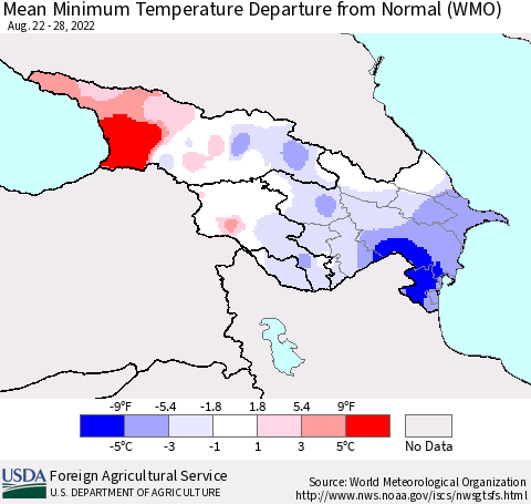 Azerbaijan, Armenia and Georgia Mean Minimum Temperature Departure from Normal (WMO) Thematic Map For 8/22/2022 - 8/28/2022