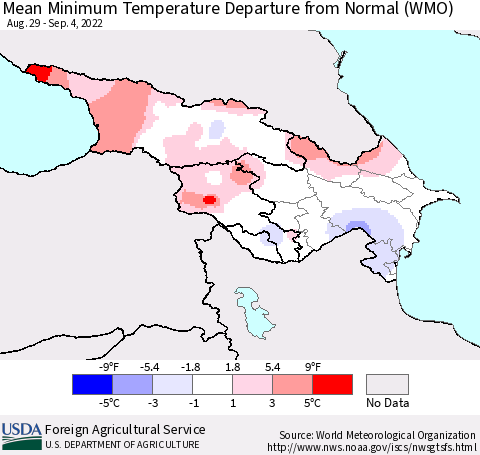 Azerbaijan, Armenia and Georgia Mean Minimum Temperature Departure from Normal (WMO) Thematic Map For 8/29/2022 - 9/4/2022