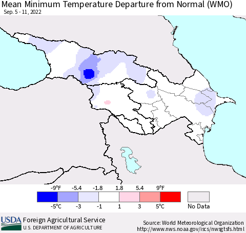 Azerbaijan, Armenia and Georgia Mean Minimum Temperature Departure from Normal (WMO) Thematic Map For 9/5/2022 - 9/11/2022