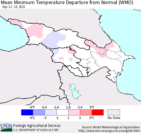 Azerbaijan, Armenia and Georgia Mean Minimum Temperature Departure from Normal (WMO) Thematic Map For 9/12/2022 - 9/18/2022