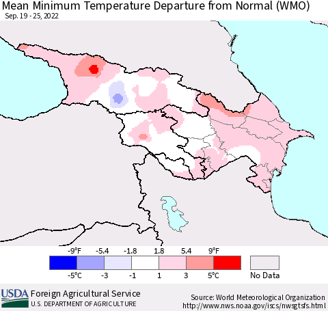Azerbaijan, Armenia and Georgia Mean Minimum Temperature Departure from Normal (WMO) Thematic Map For 9/19/2022 - 9/25/2022