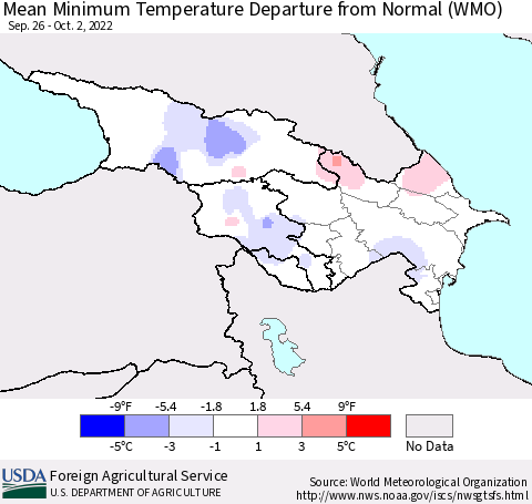 Azerbaijan, Armenia and Georgia Mean Minimum Temperature Departure from Normal (WMO) Thematic Map For 9/26/2022 - 10/2/2022