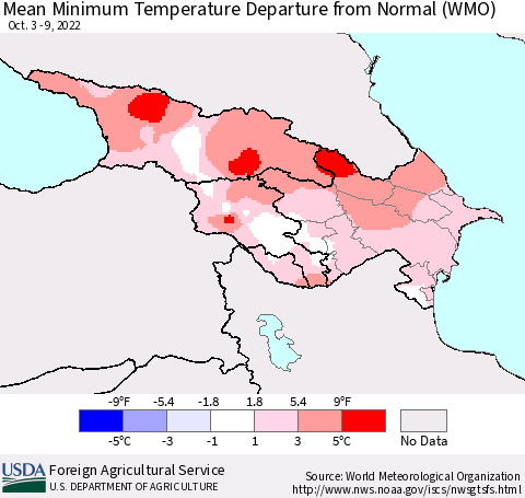 Azerbaijan, Armenia and Georgia Mean Minimum Temperature Departure from Normal (WMO) Thematic Map For 10/3/2022 - 10/9/2022