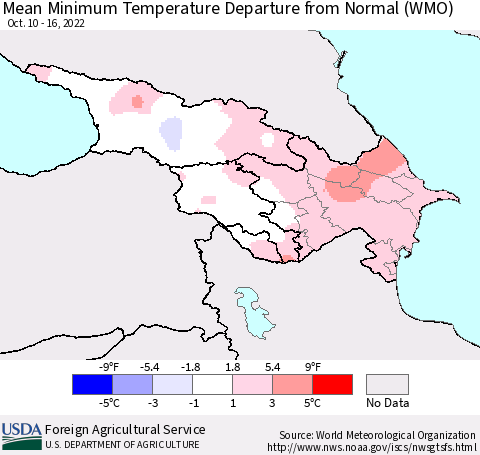 Azerbaijan, Armenia and Georgia Mean Minimum Temperature Departure from Normal (WMO) Thematic Map For 10/10/2022 - 10/16/2022
