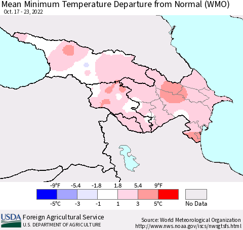 Azerbaijan, Armenia and Georgia Mean Minimum Temperature Departure from Normal (WMO) Thematic Map For 10/17/2022 - 10/23/2022