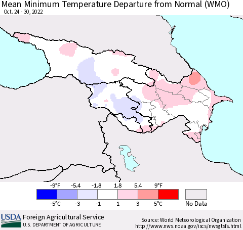 Azerbaijan, Armenia and Georgia Mean Minimum Temperature Departure from Normal (WMO) Thematic Map For 10/24/2022 - 10/30/2022