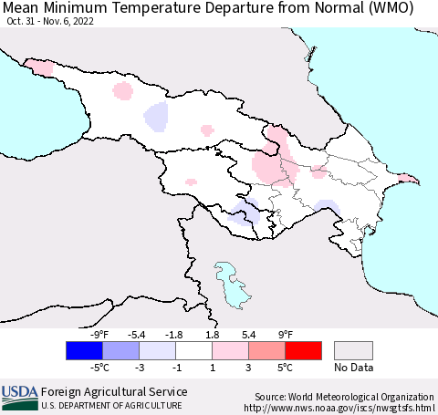 Azerbaijan, Armenia and Georgia Mean Minimum Temperature Departure from Normal (WMO) Thematic Map For 10/31/2022 - 11/6/2022