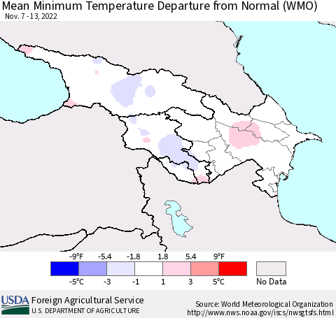 Azerbaijan, Armenia and Georgia Mean Minimum Temperature Departure from Normal (WMO) Thematic Map For 11/7/2022 - 11/13/2022