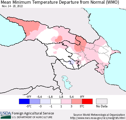 Azerbaijan, Armenia and Georgia Mean Minimum Temperature Departure from Normal (WMO) Thematic Map For 11/14/2022 - 11/20/2022