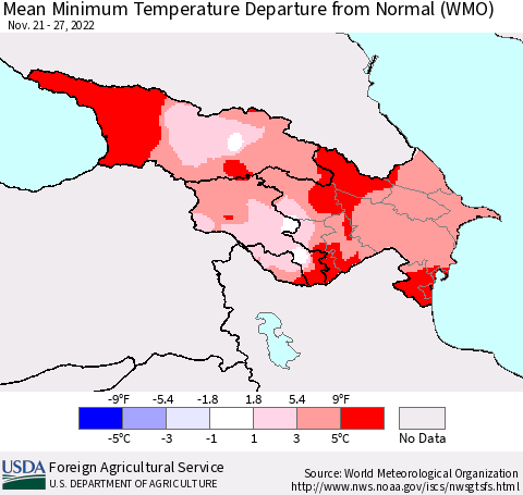 Azerbaijan, Armenia and Georgia Mean Minimum Temperature Departure from Normal (WMO) Thematic Map For 11/21/2022 - 11/27/2022
