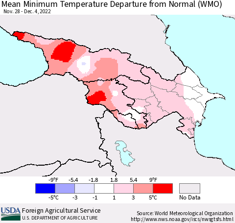 Azerbaijan, Armenia and Georgia Mean Minimum Temperature Departure from Normal (WMO) Thematic Map For 11/28/2022 - 12/4/2022