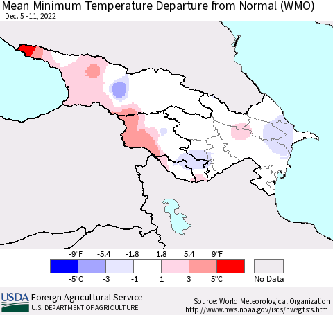 Azerbaijan, Armenia and Georgia Mean Minimum Temperature Departure from Normal (WMO) Thematic Map For 12/5/2022 - 12/11/2022